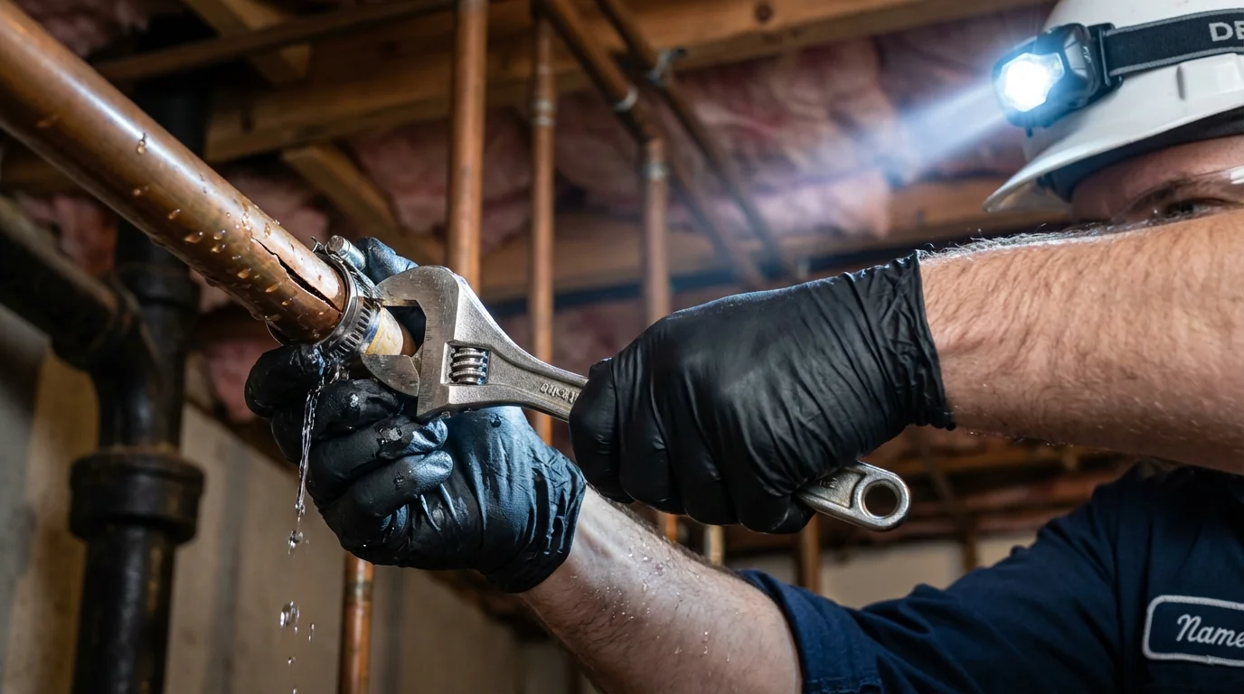 Emergency pipe clamp repair being performed by a Johns Plumbing LLC plumber in Zapata