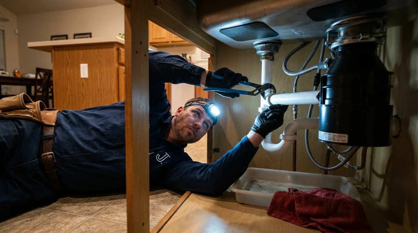 P-trap and supply line connections under a kitchen sink showing a common leak point in Zapata, TX